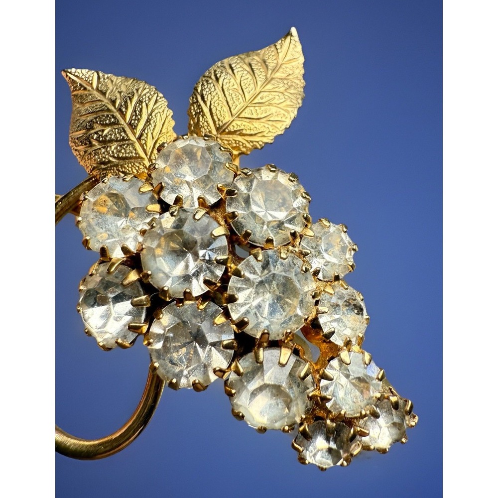 Vintage Grape Cluster Rhinestone Brooch Gold Tone Leaves EUC‎